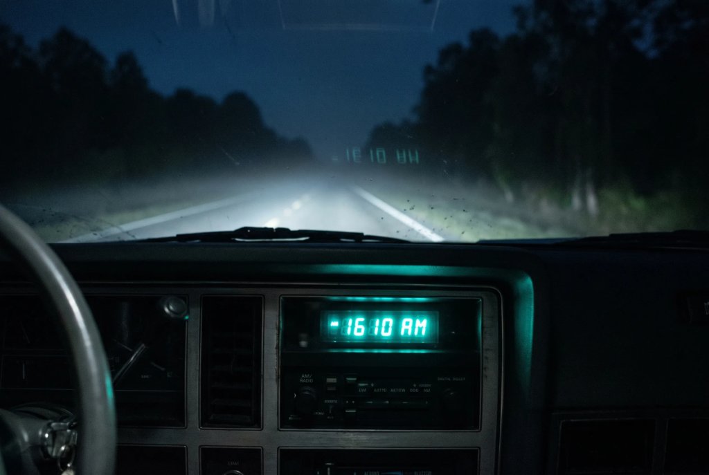 car dashboard at night, digital radio display reading 1610 AM, empty foggy highway through the windshield