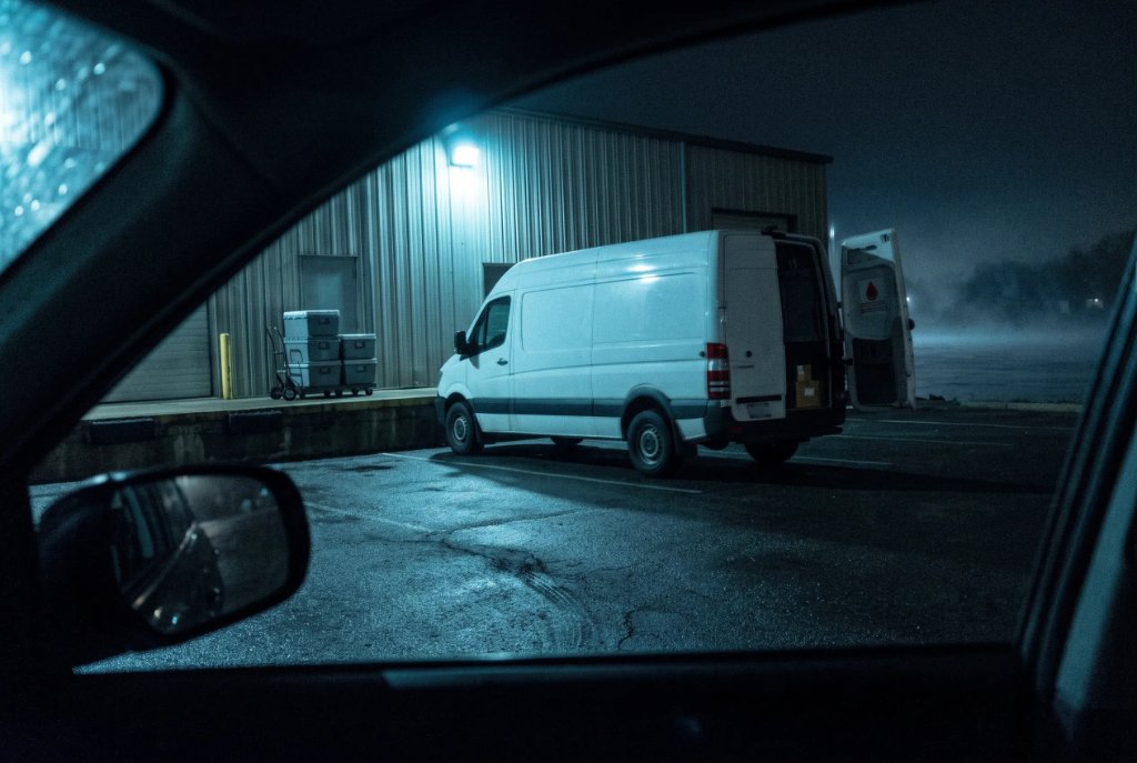 white cargo van backed up to a courier depot loading dock at night, photographed from inside a car