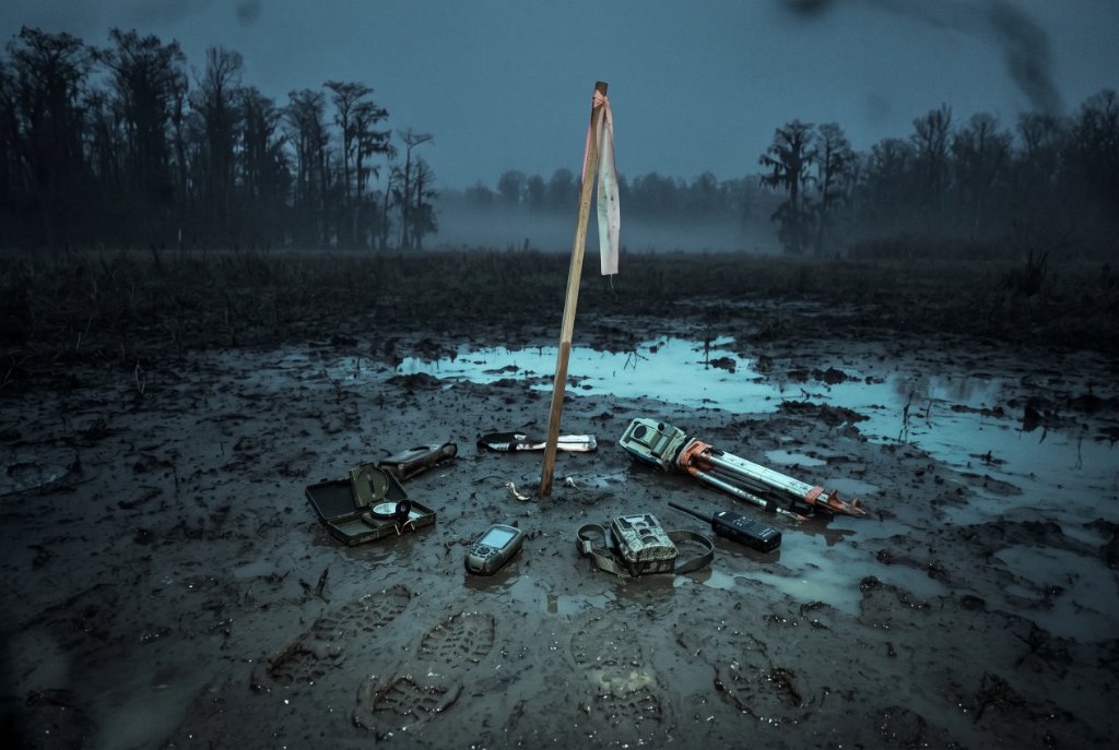 survey stake with bleached flagging tape in swamp mud at dusk, failed field equipment laid in a circle around it